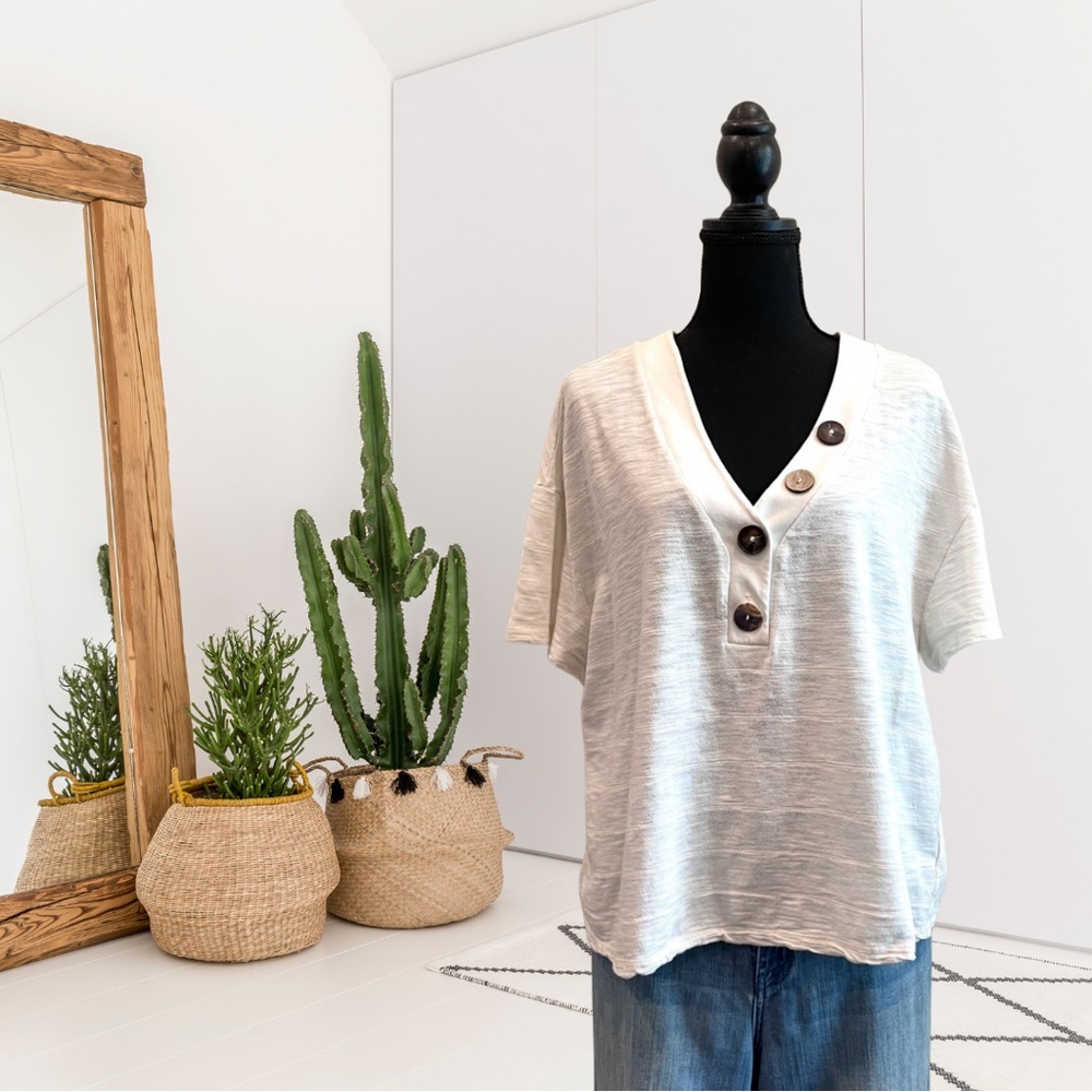 Anthropologie Eri & Ali Short Sleeve V-Neck Button Detail Boxy Fit Top